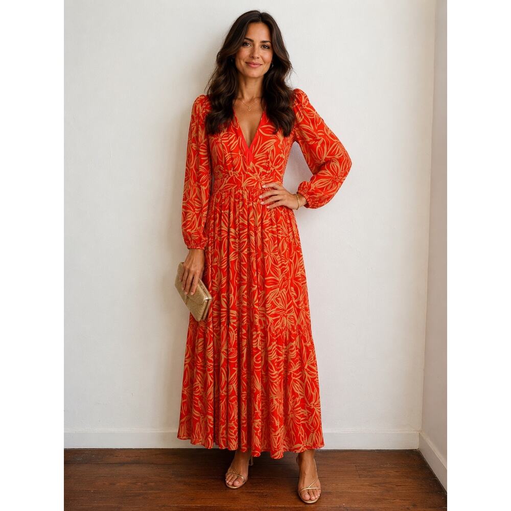 TOCCIN Orange Red Sunset Leaf Print Long Sleeve Deep V-Neck Maxi Gown size 8
